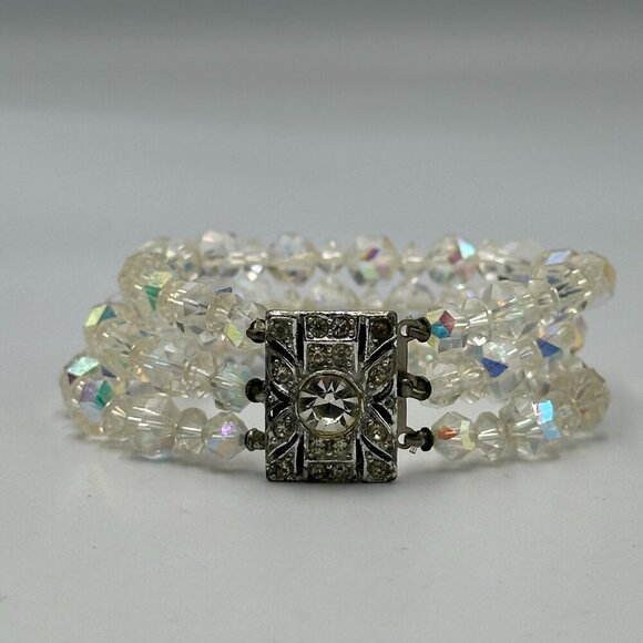 Vintage Jewelry - Vintage Aurora Borealis Glass Bracelet Multi Strand Clear Crystal Beads Art Deco